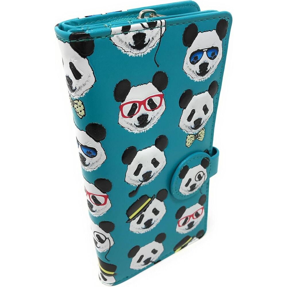 Shag Wear Womens Large Faux Leather Clutch Wallet - Panda Repeat, Teal NWT